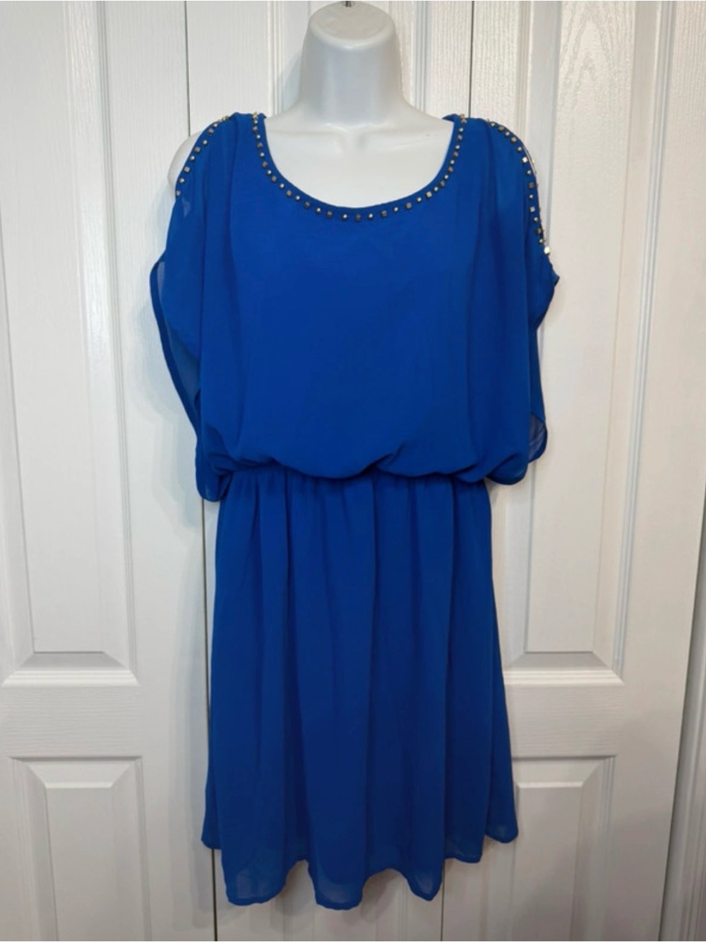 Blu Pepper Royal Blue Studded Cold-Shoulder Mini Dress - Size L